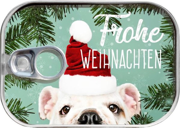 Dosenpost "Frohe Weihnachten" weißer Hund mit Mütze